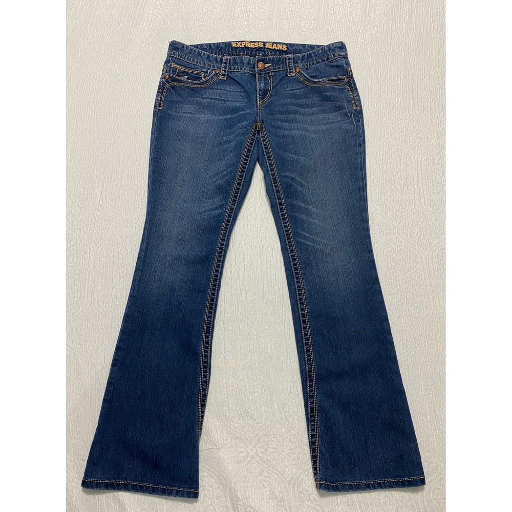 Express Jeans Women's 12 Blue Decorative Stitching Embroidered Flap Pockets
